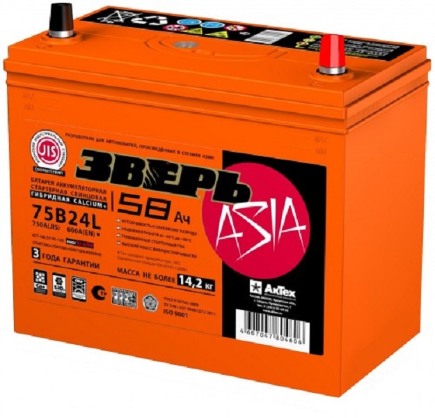 фото Аккумулятор ЗВЕРЬ ASIA 58 Ач 520А о.п. B24 